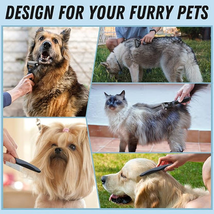 Docrok Pet Grooming Brush and Metal Comb Combo, Cat Brush Dog Brush for Shedding, Undercoat Rake for Dogs Grooming, Dematting Deshedding Brush Dogs Shedding Tool for Long matted Haired Pets, Gray