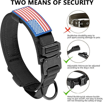 DAGANXI Tactical Dog Collar, Adjustable Military Training Nylon Dog Collar with Control Handle and Heavy Metal Buckle for Medium and Large Dogs, with Patches and Airtags Case (XXL, Black)