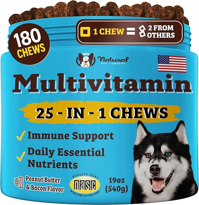 Natural Dog Company 25-in-1 Multivitamin for Dogs – Vet-Formulated Soft Chews for Puppies, Adults & Seniors, Supports Joints, Skin, Coat, Immune & Heart Health, NASC Certified, 180 Count