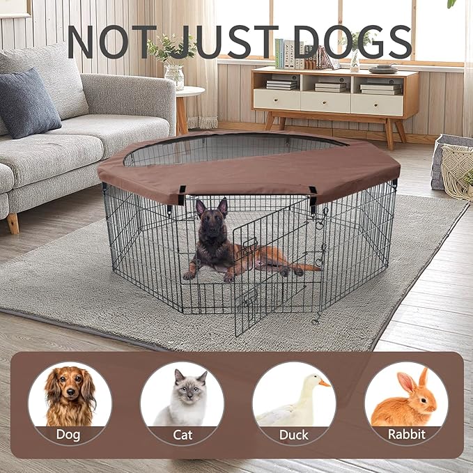 NEZUC Foldable Metal Dog Exercise Playpen Gate Fence Dog Crate 8 Panels 24 Inch Height Puppy Kennels with Top Cover/Bottom Pad for Animals Outdoor Indoor (Playpen+Top Cover, Brown, 24" H)
