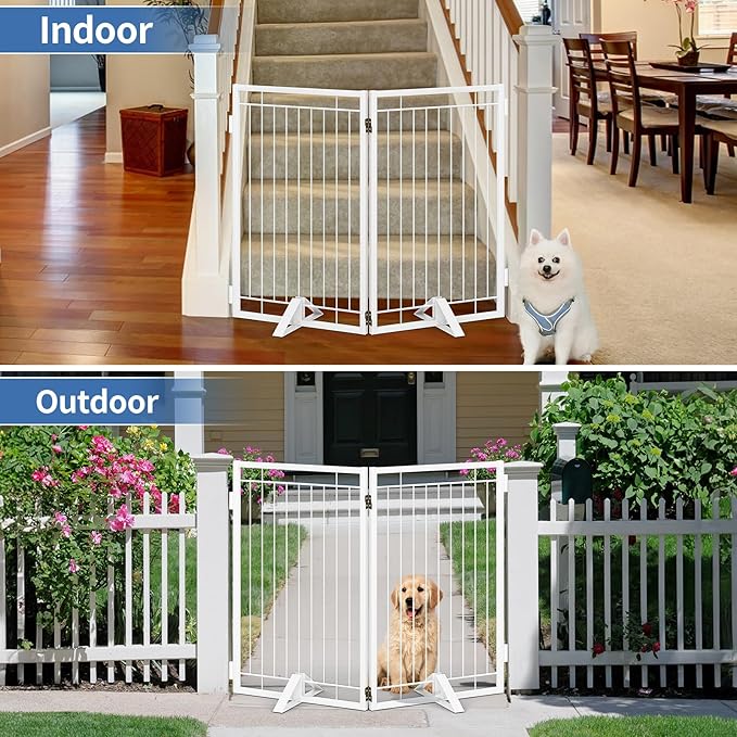 Metal Free Standing Dog Gate with Cat Door for Indoor/Outdoor,40" Extra Wide Foldable Pet Gate,32" Tall Foldable Indoor Dog Fence for Large Openings Stairs,Deck,Yard,Doorways(2 Panels,White)