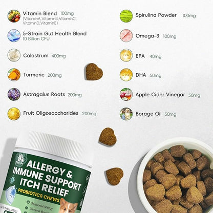 Probiotics for Dogs, Improve Itchy Skin Itchy Ears, Yeast Balance, Immune Support, Dog Probiotics (10 Billion CFU) for Dog Skin & Cost Care, Allergy Relief Chews + Vitamins Blend Chicken (120 Ct)