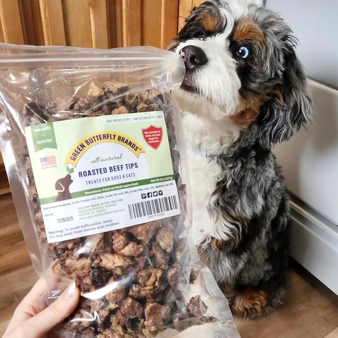 Beef Dog Treats – Made in USA Only – All Natural, Meaty Beef Tips – Premium, Slow Roasted – Grass Fed, Farm Raised – Crunchy, Grain Free Training Treat, 8 Ounces