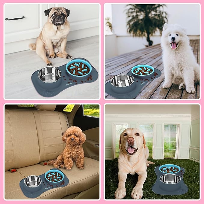 Anipaw Slow Feeder Dog Bowls 3 in 1 Stainless Steel Dog Food and Water Bowls with Non-Spill and Non-Skid Silicone Mat to Slow Down Eating for Large Medium Small Breed Size Dogs and Cats