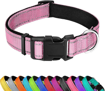 Reflective Dog Collar, Adjustable Soft Neoprene Padded Nylon Pet Collars with Buckle for Large Dogs, Light Pink,L