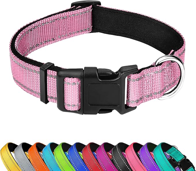 Reflective Dog Collar, Adjustable Soft Neoprene Padded Nylon Pet Collars with Buckle for Puppy and Small Dogs, Cats, Light Pink,XS