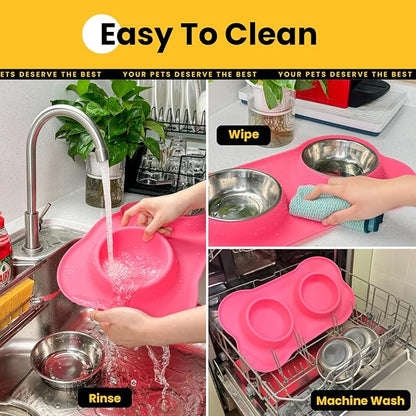 Conlun Stainless Steel Dog Bowls with Non-Slip Silicone Mat, Spill Proof Food & Water Bowls Set, Easy Clean Puppy Food Dish, Dishwasher Safe, Suitable for Dogs Cats Pet Under 20lbs, Small, Pink
