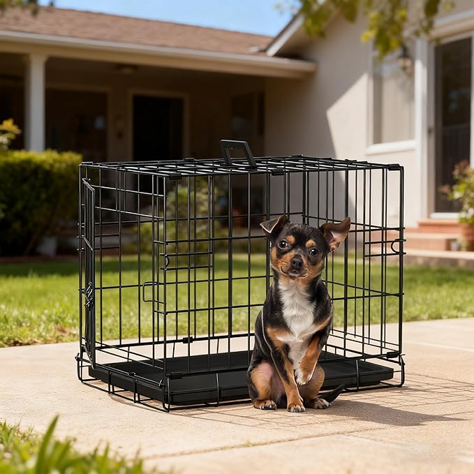 FDW Dog Crate 18-Inch Dog Cage Foldable Metal Kennel with Leakproof Tray Foldable Design Indoor Outdoor Use for Small Dogs,Dark Black