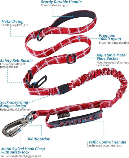 Hotsky Tactical Dog Leash Heavy Duty for Medium Large Dogs that Pull,4-6Ft Strong Bungee Shock Absorbing No Pull Dog Leash with Padded Double Handle and Car Seatbelt,Red Plaid