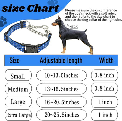 Martingale Dog Collars, Reflective Nylon Collar with Stainless Steel Chain, Adjustable Walking Training Dog Collars with Quick Release Buckle, Suitable for Small Medium Large Dogs(Blue,M)