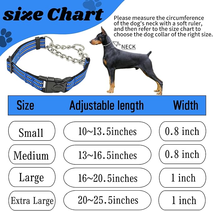 Martingale Dog Collars, Reflective Nylon Collar with Stainless Steel Chain, Adjustable Walking Training Dog Collars with Quick Release Buckle, Suitable for Small Medium Large Dogs(Blue,S)