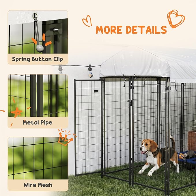 PawHut Outdoor Dog Kennel with Roof, 8' x 4' x 6' Heavy Duty Welded Wire Dog Playpen Enclosure with Escape-Proof Lock, UV-Resistant & Waterproof Cover, for Medium Dogs, Chickens, Ducks, Silver