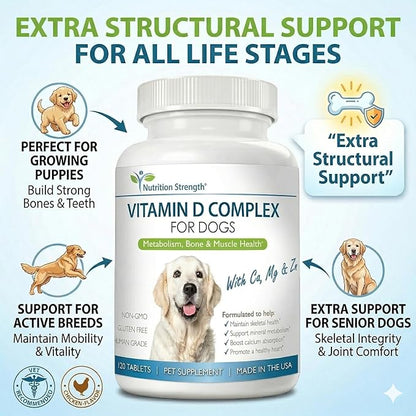 Vitamin D for Dogs with Calcium, Magnesium and Zinc to Support Strong Teeth, Bones and Muscles, Promote Mineral Metabolism and a Healthy Immune Function, 120 Chewable Tablets