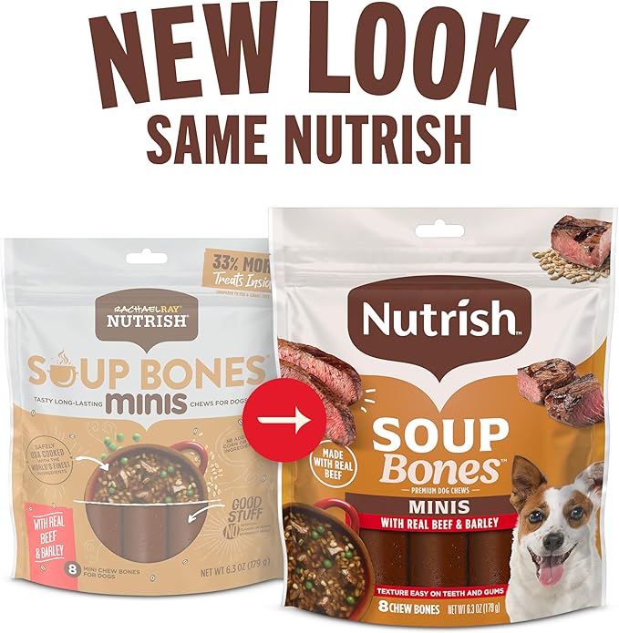 Nutrish Soup Bones Minis Premium Dog Chews with Real Beef and Barley, 8 Chew Bones, 6.3 oz Pouch, Pack of 7