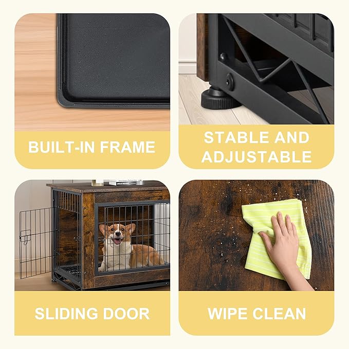 JY QAQA Dog Crate Furniture, Wooden Dog Crate Table, Double-Doors Dog Furniture, Indoor Kennel, Dog Cage/Brown/M
