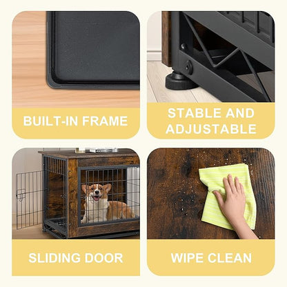 JY QAQA Dog Crate Furniture, Wooden Dog Crate Table, Double-Doors Dog Furniture, Indoor Kennel, Dog Cage/Brown/M