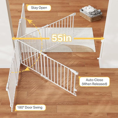 Cumbor 35.1-55" Wide No Bottom Bar Baby Gate for Stairs, 2-in-1 Auto Close Dog Gate Indoor, Hardware Mounted Pet Gate for Doorways with Large Walk Thru Door, Child-Proof Safety Gate for Kids (White)