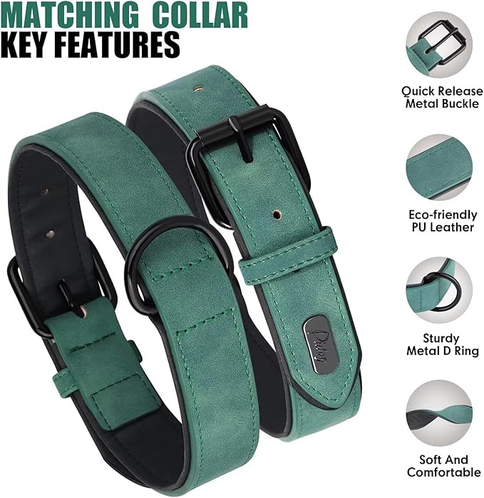 Didog Soft Padded Leather Dog Collar and Leash Set, Adjustable Dog Lead and Collar Set with Metal Buckle, Breathable Pet Collars with 4FT PU Leather Leash for Large Dogs, Green, XL