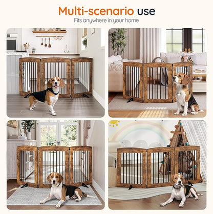 HOOBRO Indoor Dog Gate with Support Feet, Freestanding Pet Gate for Doorway, Stairs, 31.5 Inch 3 Panels, Folding Dog Fence, 360° Hinge for Easy Access, Sturdy Iron Pipe, Rustic Brown BF06PP03