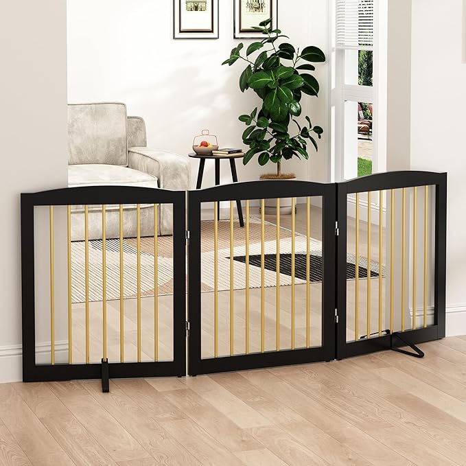 PUPETPO Freestanding Pet Gate for Dogs, Foldable Wooden Dog Gate for House, Indoor Dog Gate for Doorways, Stairs, Step Over Pet Puppy Safety Fence, Support Feet Included,24" Height 3 Panels,Black&Gold