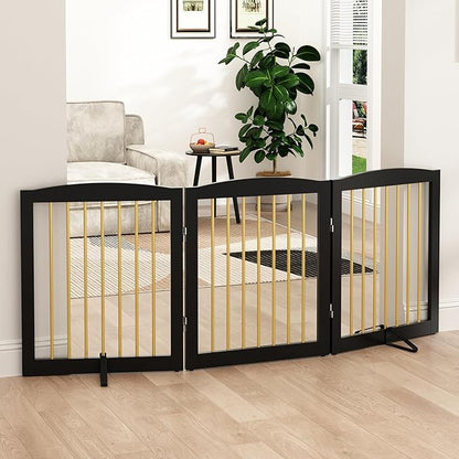 PUPETPO Freestanding Pet Gate for Dogs, Foldable Wooden Dog Gate for House, Indoor Dog Gate for Doorways, Stairs, Step Over Pet Puppy Safety Fence, Support Feet Included,24" Height 3 Panels,Black&Gold