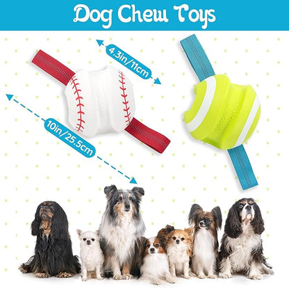 LECHONG Dog Balls with Straps for Tugging 2 Pcs, Interactive Dog Toys, Puppy Toys to Keep Them Busy, High Bouncy Balls for Dogs, Tennis Ball Base Ball Toys
