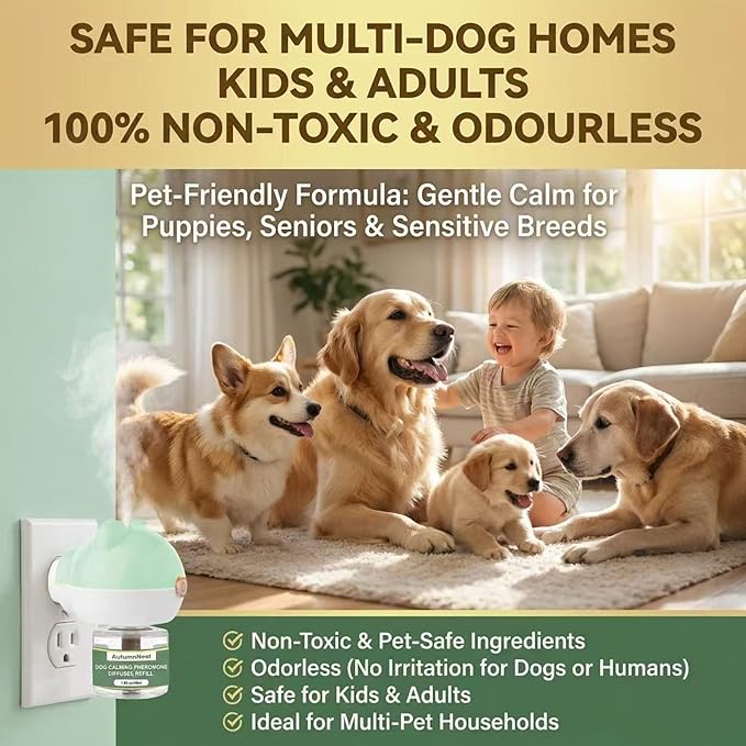Dog Pheromone Diffuser Kit, Pet Diffuser for Stress Support, Reduces Stress and Promotes Relaxed Behavior, 2 Plug-in + 4 Packs Refill, 120 Day Supply (Non-Toxic, Safe & Inedible), Diffuser with Light