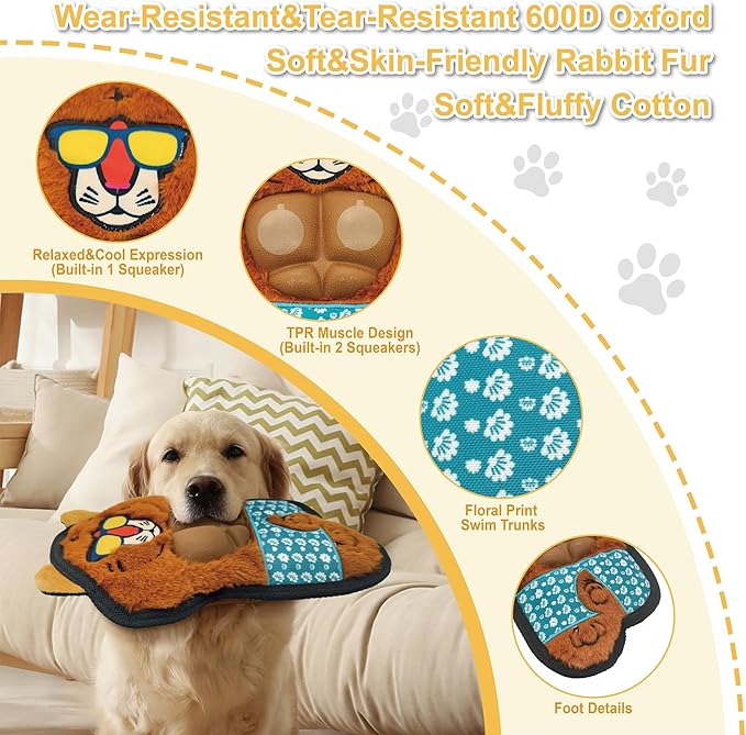 Yellow Tiger Plush Squeaky Dog Toy with TPR Muscles Puppy Teething Chew Toy Cute Soft Funny Stuffed Animal Interactive Fetch Tough Dog Toy for Small Medium Large Dogs Toy Gift 29cm/11.42in