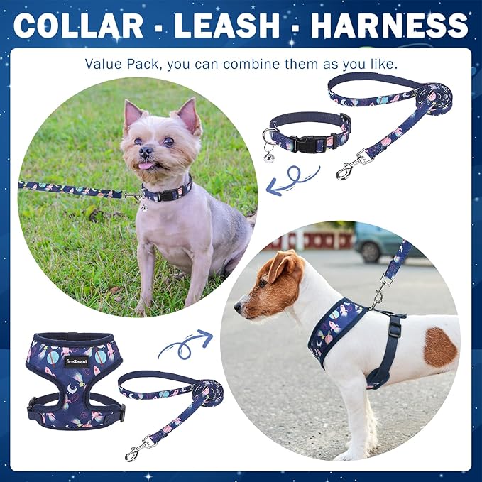 SCENEREAL Small Dog Harness Collar and Leash Set, Adjustable No Pull Pet Harnesses, No Chock Soft Mesh Vest for Doggie Puppy Medium Dogs Cats Girl or Boy,Chihuahua, Yorkie, Outdoor Walking