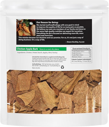JustFoodForDogs Limited Ingredient Healthy Dog Treats and Dog Snacks, Jerky Treats, Human Grade, Preservative Free, Rawhide Free Chews, Low Calorie Treat - Chicken Apple Bark, 5 oz