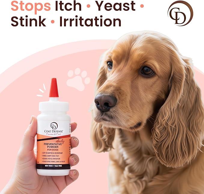 COAT DEFENSE Daily Preventative Powder | Made in USA | 4.2oz Precision Point Waterless Dog Shampoo & Pet Deodorizer for Smelly Dogs | Provides Anti Itch Relief | Dog Shampoo for Dry Itchy Skin