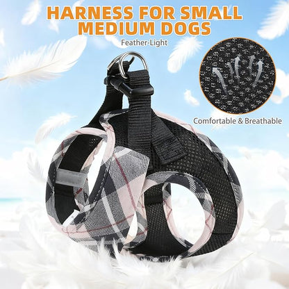 KOOLTAIL Dog Harness and Leash Set, Cute Dog Harness Medium Sized Dog, Step in No Pull Soft Mesh Pet Vest Harness Collar for Dogs Cats Boy Girl, Plaid Puppy Halters for Outdoor Walking, Beige M