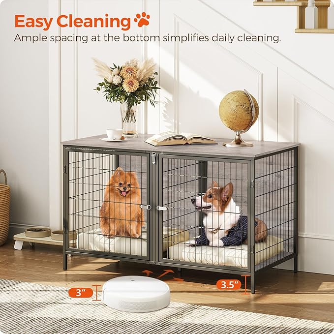 MAHANCRIS Dog Crate Furniture for 2 Dogs, 43.3" Dog Kennel with Removable Divider, Heavy Sturdy Dog Furniture Style Double Cage for Small Medium Dog, Indoor Pet House End Table, Greige DCHG1201