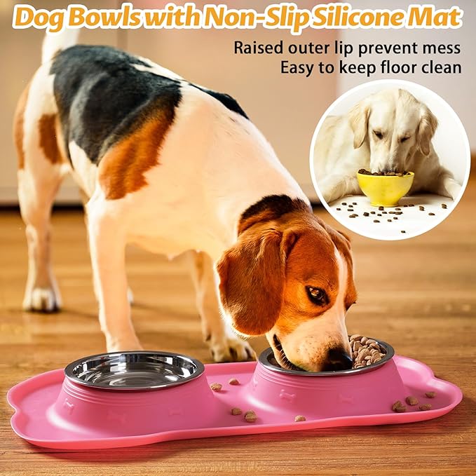 Hubulk Pet Dog Bowls 2 Stainless Steel Dog Bowl with No Spill Non-Skid Silicone Mat + Pet Food Scoop Water and Food Feeder Bowls for Feeding Small Medium Large Dogs Cats Puppies (Extra Large, Pink)