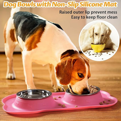 Hubulk Pet Dog Bowls 2 Stainless Steel Dog Bowl with No Spill Non-Skid Silicone Mat + Pet Food Scoop Water and Food Feeder Bowls for Feeding Small Medium Large Dogs Cats Puppies (Extra Large, Pink)