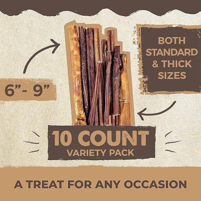 Mighty Paw Naturals Variety Pack Bully Sticks for Dogs - Grass Fed Beef Chews. Dog Bully Sticks for Large Pets, Medium and Small Breeds. Lower Odor Treats for Small Pets. Single Ingredient