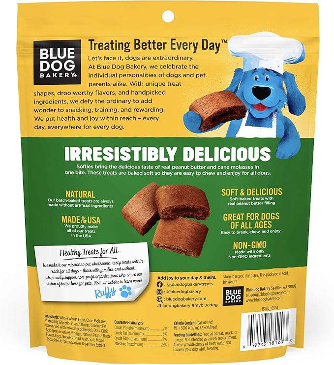 Blue Dog Bakery Natural Dog Treats, Softies, Peanut Butter Flavor, 16.2oz Bag, 6 Bags
