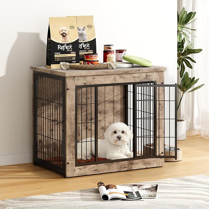 Greesum Modern Dog Crate Furniture That Doubles as a Side Table - Sturdy Wooden Kennel with Double Door Design, Equipped with Soft Cushion & Chew-Resistant Resign, Suitable for Dogs