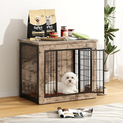 Greesum Modern Dog Crate Furniture That Doubles as a Side Table - Sturdy Wooden Kennel with Double Door Design, Equipped with Soft Cushion & Chew-Resistant Resign, Suitable for Dogs