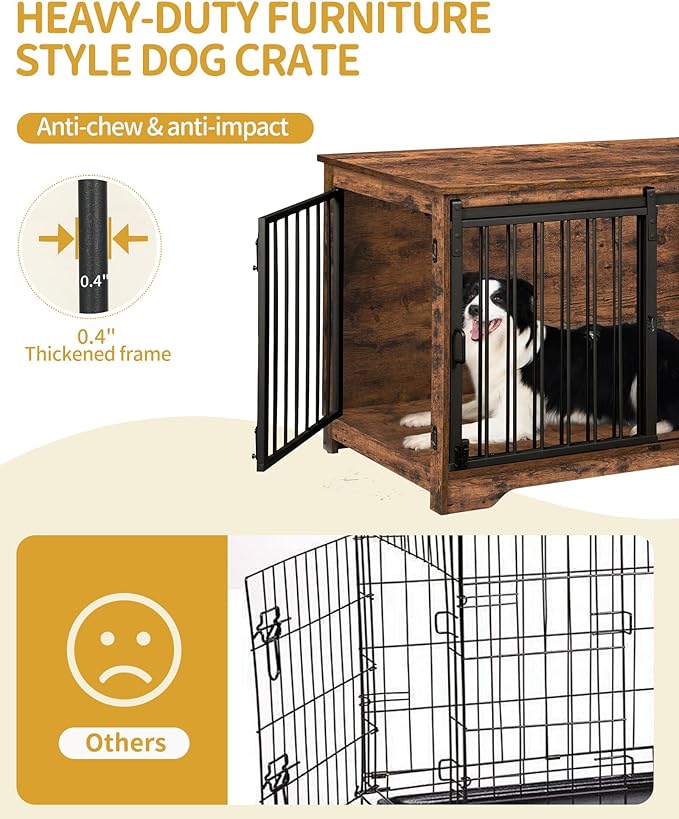Hzuaneri 39.3" Dog Crate Furniture with Barn Door, Heavy Duty Dog Kennel Indoor with 2 Doors, Wooden Pet Cage End Table for Large Small Medium Dogs, Anti-Chew Anti-Escape, Rustic Brown DFC02301B