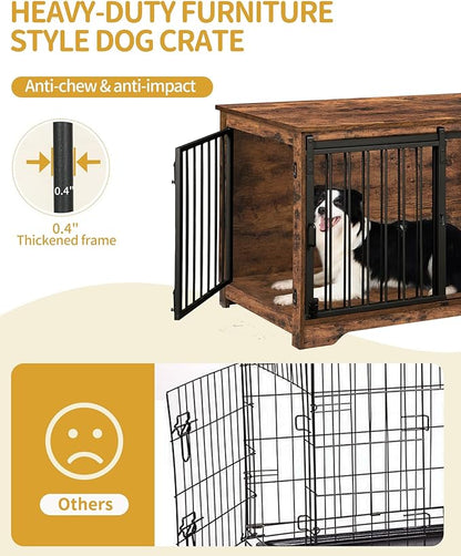 Hzuaneri 39.3" Dog Crate Furniture with Barn Door, Heavy Duty Dog Kennel Indoor with 2 Doors, Wooden Pet Cage End Table for Large Small Medium Dogs, Anti-Chew Anti-Escape, Rustic Brown DFC02301B