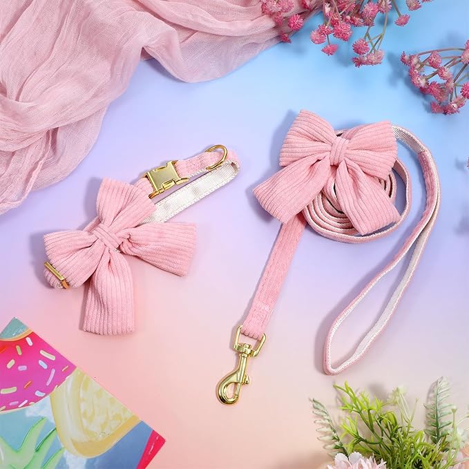 Dog Collar and Leash Set with Bowtie, Pink Cute Girl Dog Collars Bow Metal Buckle Adjustable Corduroy Dogs Collar 10‘’-16‘’for Small Medium Puppy Dogs with 5 FT Leash Pink S