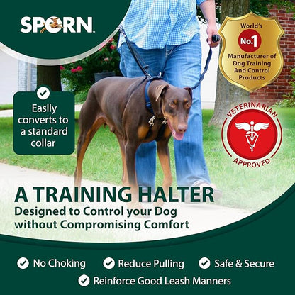 Sporn Original Dog Halter, No Pull Dog Harness, Durable Nylon Collar with Padded Restraint Sleeves for Large Breeds, No Choke Design, Adjustable Fit, Easy On/Off, Blue, Large