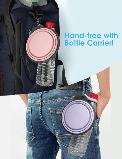 Aonkey Collapsible Dog Bowls with Bottle Carrier, 2 Pack Travel Dog Water Bowl Upgraded Carabiner, One-piece Molded Rim No Fall Off or Crack, Foldable Silicone Portable for Pets Walking Hiking 15oz