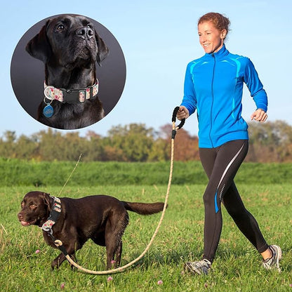 Ladoogo Reflective Dog Collar Padded with Soft Neoprene Breathable Adjustable Nylon Dog Collars for Small Medium Large Dogs (Large (Pack of 1), Vanila/Pink Floral Collar+Leash)