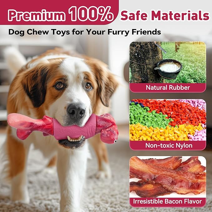 BIKIISEN Dog Toys for Aggressive Chewers, Interactive Dog Chew Toy for Large Dogs, Indestructible Squeaky Toys to Keep Them Busy, Tough Toy for Medium/Large Breed Dogs Pink