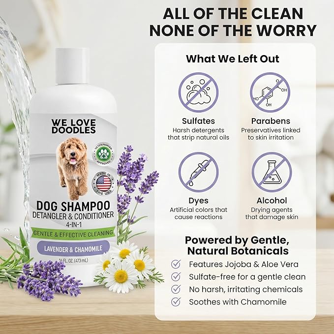 Dog Shampoo, Conditioner & Detangler - Best Shampoo for Goldendoodles, Poodles & Doodles Pet Hair - Hypoallergenic, Tearless, Sensitive Skin for Puppies & All Dog Breeds - Made in USA, 16OZ (Lavender)