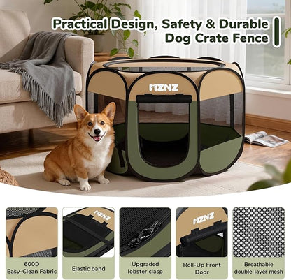 Dog Playpen, Portable Puppy Pet Crate Indoors for Small/Medium Dogs Cats Rabbits, Foldable Dog Cage Enclosure for Outdoor, Pop Up Dogs Tent Kennel with Carrying Case, Olive Green