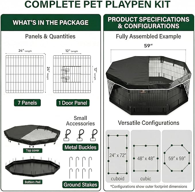 PJYuCien Dog Playpen with Top Cover and Bottom Pad - Metal Foldable Exercise Pen, 8 Panels 24" H x 24" W Indoor Outdoor Pet Fence Puppy Crate Kennel, Black