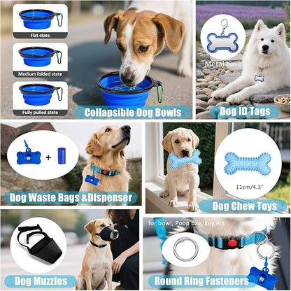 No Pull Dog Harness Adjustable Collar & Leash Set - Dog Halter Harnesses Collapsible Bowls & Poop Bag Dispenser Muzzle ID Tags Toys Fits Small Medium Large Dogs (Blue-L)